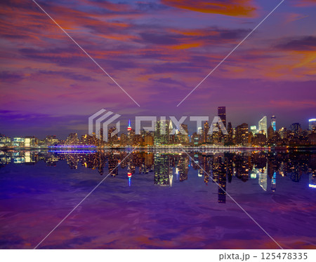 Manhattan New York sunset skyline from East 125478335