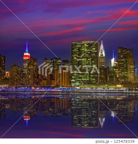 Manhattan New York sunset skyline from East 125478339