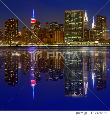 Manhattan New York sunset skyline from East 125478346