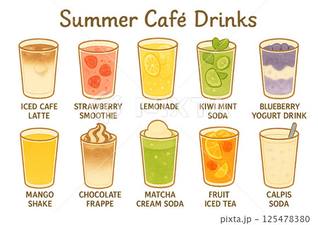 夏のカフェドリンクセット|手描き風水彩イラスト素材(アイスラテ・レモネード・クリームソーダなど) 夏のカフェドリンクセット|手描き風水彩イラスト素材(アイスラテ・レモネード・クリームソーダなど) 125478380