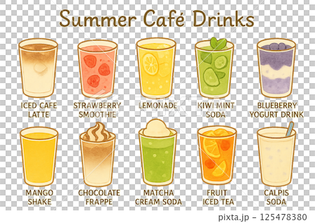 Summer cafe drink set | Hand-drawn watercolor illustration material (iced latte, lemonade, cream soda, etc.) Summer cafe drink set | Hand-drawn watercolor illustration material (iced latte, lemonade, cream soda, etc.) 125478380