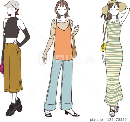 夏のおしゃれお出かけコーデ・カジュアルスタイル女子3人セット 125478383