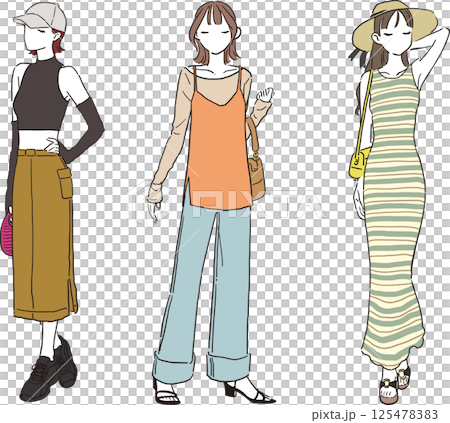 夏のおしゃれお出かけコーデ・カジュアルスタイル女子3人セット 125478383