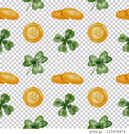Hand drawn watercolor clovers and horseshoes pattern . Green shamrocks and golden lucky symbols create a festive seamless ornament. Perfect for textiles, wallpapers, packaging, scrapbooking Hand drawn watercolor clovers and horseshoes pattern . Green shamrocks and golden lucky symbols create a festive seamless ornament. Perfect for textiles, wallpapers, packaging, scrapbooking 125478471