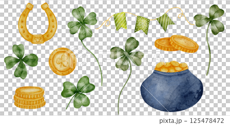 Hand drawn St Patrick elements set, watercolor style. Green and gold palette clover, money, horseshoe. Watercolor illustration perfect for invitations, greeting cards, packaging, festive decor 125478472