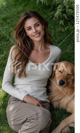 Smiling Woman and Golden Retriever Dog in a Green Grassy Park 125478500