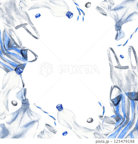 Frame with Plastic bottle, disposable cup, polythene bags, caps and tin stopper, straw. Watercolor recycling object isolated on white with template for industry design, and pollution articles 125479198