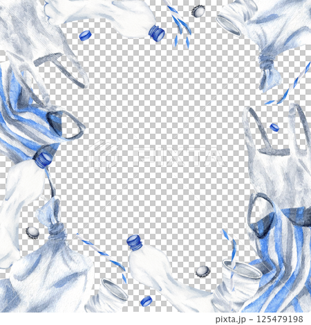 Frame with Plastic bottle, disposable cup, polythene bags, caps and tin stopper, straw. Watercolor recycling object isolated on white with template for industry design, and pollution articles 125479198