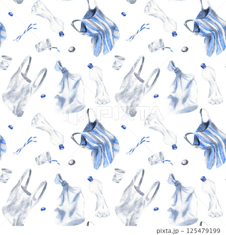 Plastic objects seamless pattern. Watercolor bottle and disposable cups, polythene bags, caps and tin stopper, straw isolated from background for industry design, recycling and pollution web sites Plastic objects seamless pattern. Watercolor bottle and disposable cups, polythene bags, caps and tin stopper, straw isolated from background for industry design, recycling and pollution web sites 125479199