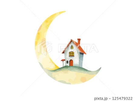 Cute house and the moon watercolor vector illustration. Cute house and the moon watercolor vector illustration. 125479322