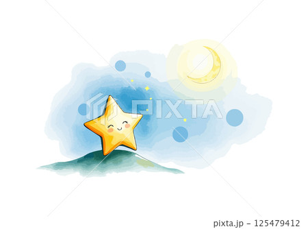 Cute smiling star and moon watercolor vector illustration. Cute smiling star and moon watercolor vector illustration. 125479412