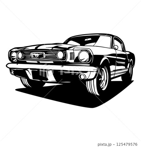 Mustang 1965 - Classic Car, Stencil, Silhouette, Vector Clip Art for tshirt and emblem 125479576