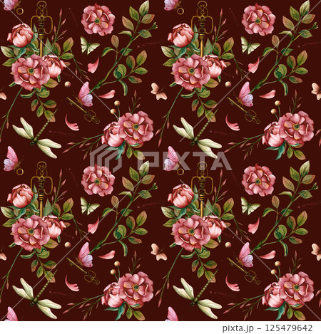 Floral pattern with peonies, vintage key, leaves, butterfly and dragonfly. Watercolor illustration seamless repeat on maroon background. Hand drawn ornate for wrapping paper, packaging, textile 125479642