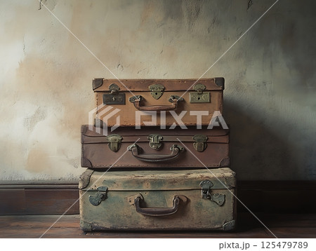 Stack of vintage suitcases with unique textures, representing timeless travel memories Stack of vintage suitcases with unique textures, representing timeless travel memories 125479789