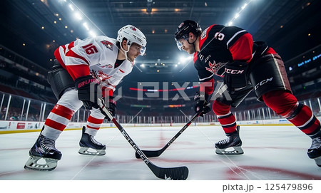 Intense hockey face-off between two opposing players on the ice rink 125479896