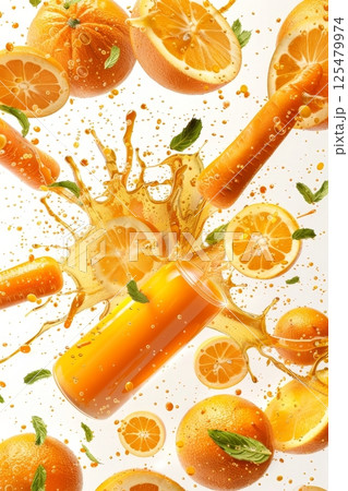 Fresh oranges and juice create a dynamic display with splashes and mint leaves against a bright background. This image captures the essence of refreshing summer beverages 125479974