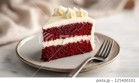 Red velvet cake slice with cream cheese frosting on plate 125480101