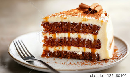 Pumpkin spice cake slice with cream frosting and caramel drizzle 125480102