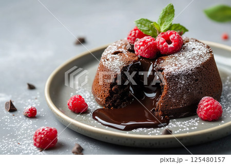 Chocolate lava cake with raspberries and powdered sugar 125480157