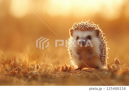 Cute hedgehog in warm golden light on dry grass field 125480158