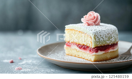 Swedish Princess Cake slice with marzipan, berry jam, and whipped cream 125480159