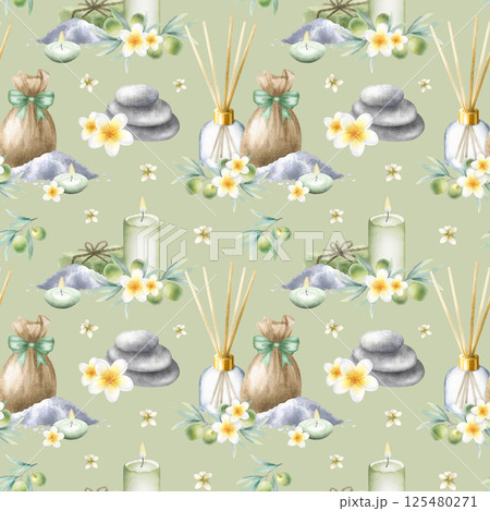 Olive soap aleppo, candles, aroma diffuser, stack pebbles, sack with sea salt, frangipani flowers and olive branches. Hand drawn watercolor seamless pattern on light olive color for spa salon design Olive soap aleppo, candles, aroma diffuser, stack pebbles, sack with sea salt, frangipani flowers and olive branches. Hand drawn watercolor seamless pattern on light olive color for spa salon design 125480271