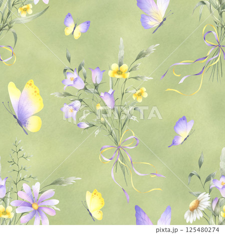 Wildflowers bellflower, buttercup and meadow grasses in bouquets tied ribbon bow and butterflies. Seamless floral watercolor pattern on green. Hand drawn illustration in yellow and lilac colors Wildflowers bellflower, buttercup and meadow grasses in bouquets tied ribbon bow and butterflies. Seamless floral watercolor pattern on green. Hand drawn illustration in yellow and lilac colors 125480274
