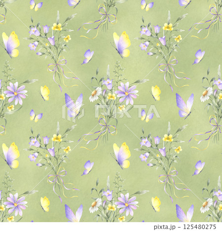 Wildflowers bellflower, buttercup and meadow grasses in bouquets tied ribbon bow and butterflies. Seamless flower watercolor pattern on green. Hand drawn illustration in yellow and lilac colors Wildflowers bellflower, buttercup and meadow grasses in bouquets tied ribbon bow and butterflies. Seamless flower watercolor pattern on green. Hand drawn illustration in yellow and lilac colors 125480275