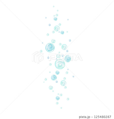 Turquoise and blue water bubbles of different sizes and tones in chaotic order rising from depth. Watercolor illustration drawn by hand isolated from background. Sketch for nautical and marine design 125480287