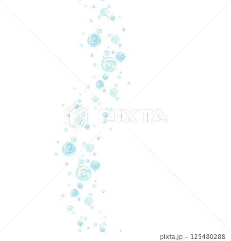 Turquoise and blue water bubbles of different sizes and tones in chaotic order. Vertical seamless border. Watercolor illustration drawn by hand isolated from background for nautical and marine design 125480288