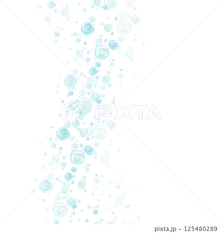 Turquoise and blue water bubbles of different sizes and tones in chaotic order. Vertical seamless border. Hand drawn watercolor illustration isolated from background for nautical and marine design 125480289