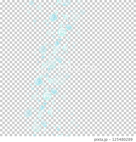 Turquoise and blue water bubbles of different sizes and tones in chaotic order. Vertical seamless border. Hand drawn watercolor illustration isolated from background for nautical and marine design 125480289