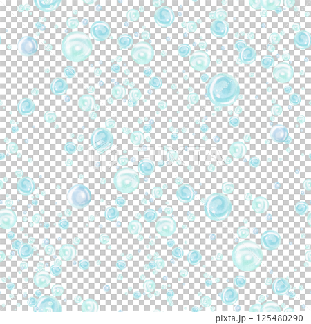 Seamless pattern with watercolor turquoise and blue water bubbles of different sizes and tones in chaotic order. Hand drawn illustration isolated from background for nautical and marine designs 125480290