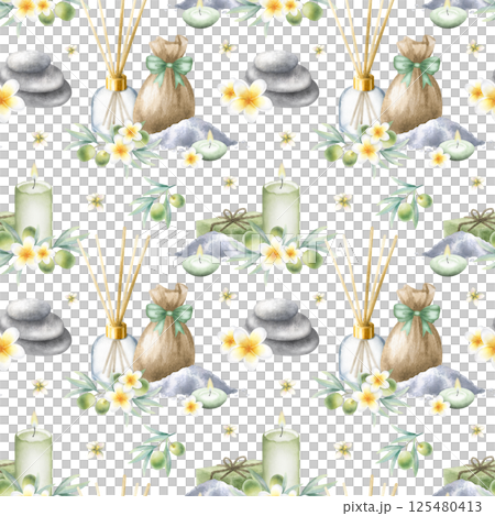 Olive soap aleppo, candles, aroma diffuser, stack pebbles, sack with sea salt, frangipani flowers and olive branches. Hand drawn watercolor isolated seamless pattern for package, textile, spa design 125480413