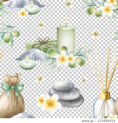 Olive soap aleppo, candles, aroma diffuser, stack pebbles, sack with sea salt, frangipani flowers and olive branches. Hand drawn watercolor isolated seamless pattern for packaging, fabric, spa design Olive soap aleppo, candles, aroma diffuser, stack pebbles, sack with sea salt, frangipani flowers and olive branches. Hand drawn watercolor isolated seamless pattern for packaging, fabric, spa design 125480414