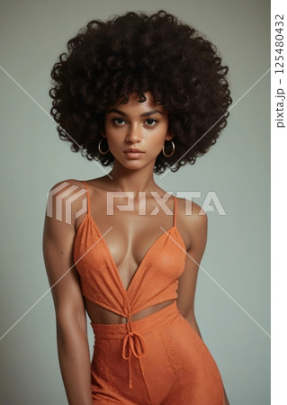 Model poses confidently in stylish orange outfit with curly hair 125480432