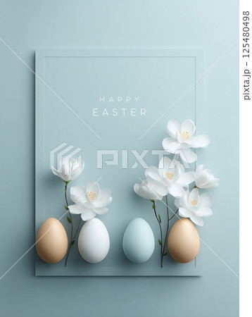 Festive Easter frame in soft blue tones with Easter eggs and flowers 125480498