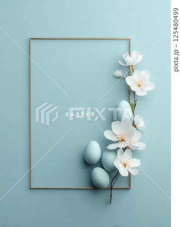 Festive Easter frame in soft blue tones with Easter eggs and flowers 125480499