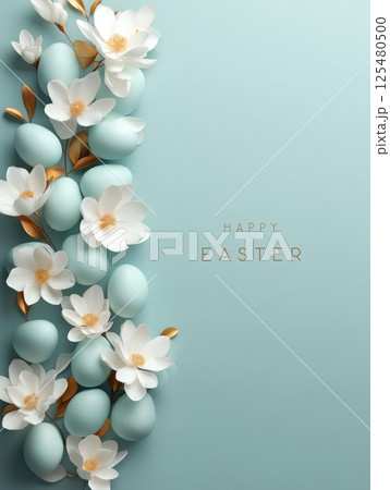Festive Easter frame in soft blue tones with Easter eggs and flowers 125480500
