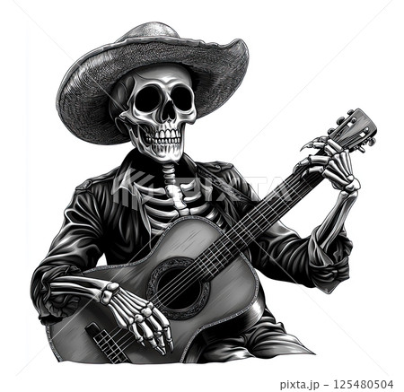 Skeleton Mexican mariachi, playing guitar, symbolizing Day of the Dead 125480504