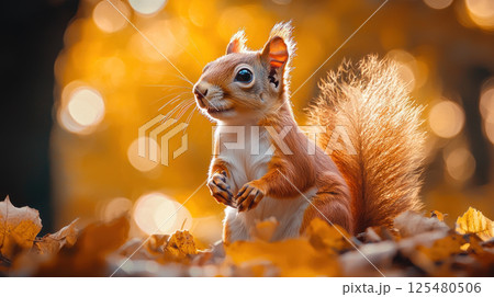 Adorable squirrel sitting on a tree branch in autumn forest 125480506