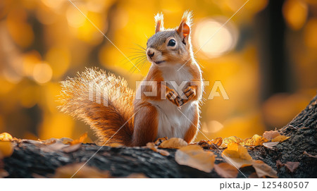 Adorable squirrel sitting on a tree branch in autumn forest 125480507