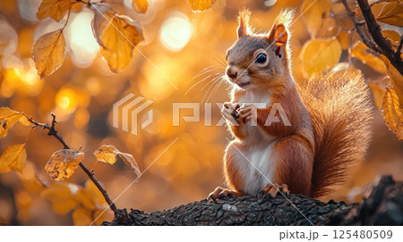 Adorable squirrel sitting on a tree branch in autumn forest 125480509