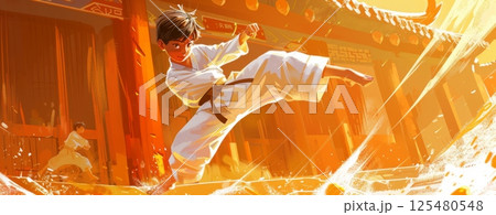 A martial arts hero performing a high kick, wearing traditional martial arts attire, with a focused expression and dynamic movement lines. 125480548