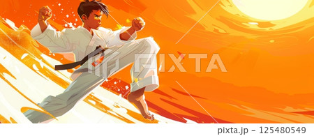 A martial arts hero performing a high kick, wearing traditional martial arts attire, with a focused expression and dynamic movement lines. 125480549