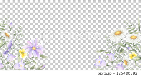 Watercolor wildflowers chamomile, bellflower, buttercup, mouse pea and meadow grasses. Hand drawn isolated rectangular horizontal frame illustration of yellow lilac flowers with copy space, banner Watercolor wildflowers chamomile, bellflower, buttercup, mouse pea and meadow grasses. Hand drawn isolated rectangular horizontal frame illustration of yellow lilac flowers with copy space, banner 125480592