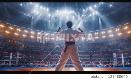 Karate champion celebrating victory in competition. 125480646