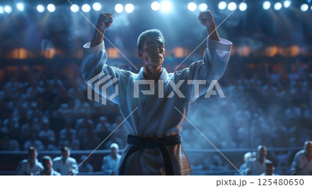 Karate champion celebrating victory in competition. 125480650