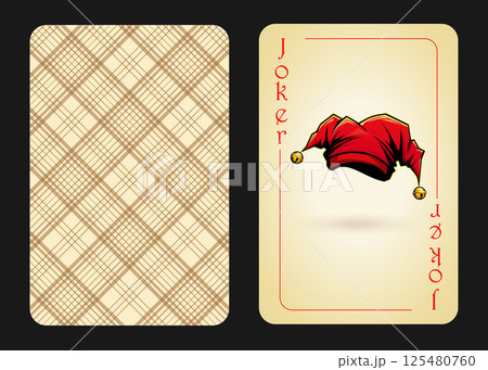 Playing card joker with a red jesters cap. Red joker, vintage style Playing card joker with a red jesters cap. Red joker, vintage style 125480760