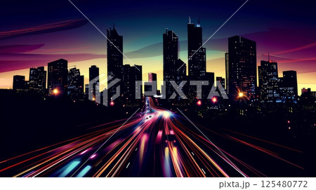 road in city with skyscrapers and car traffic light trails. infrastructure and transportation background 125480772